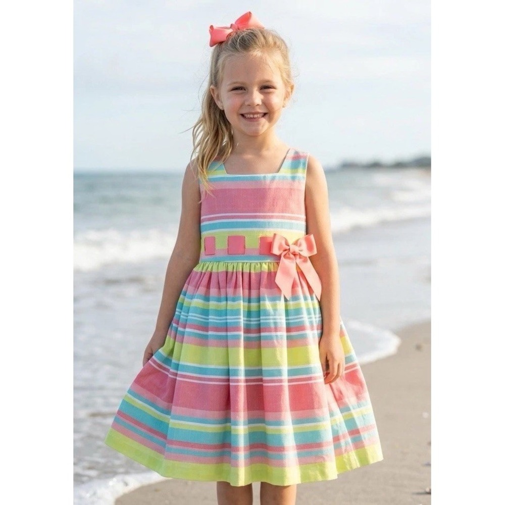 Bonnie Jean Girls Dress Size 7 Summer Party Tea Aqua Pink Green Striped Lined